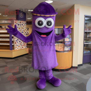Purple Pizza mascot costume character dressed with a Sheath Dress and Mittens
