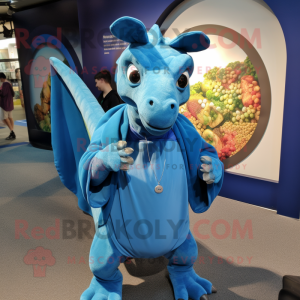 Blue Parasaurolophus mascot costume character dressed with a Sweatshirt and Coin purses