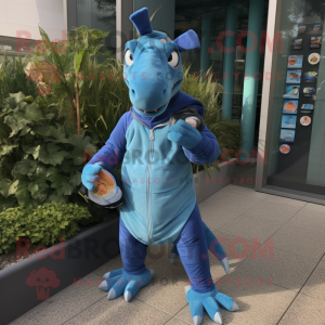 Blue Parasaurolophus mascot costume character dressed with a Sweatshirt and Coin purses