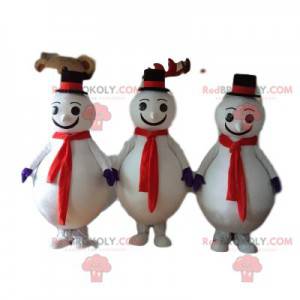 Schneemann-Maskottchen-Trio mit schwarzem Hut - Redbrokoly.com