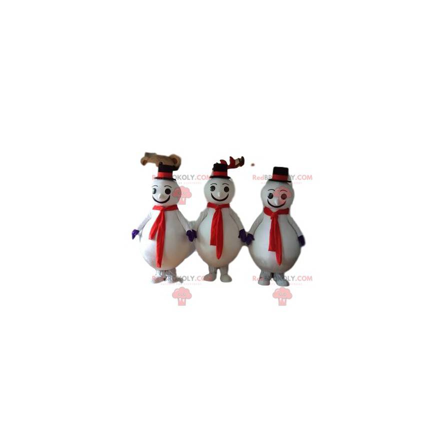 Trio di mascotte pupazzo di neve con cappello nero -