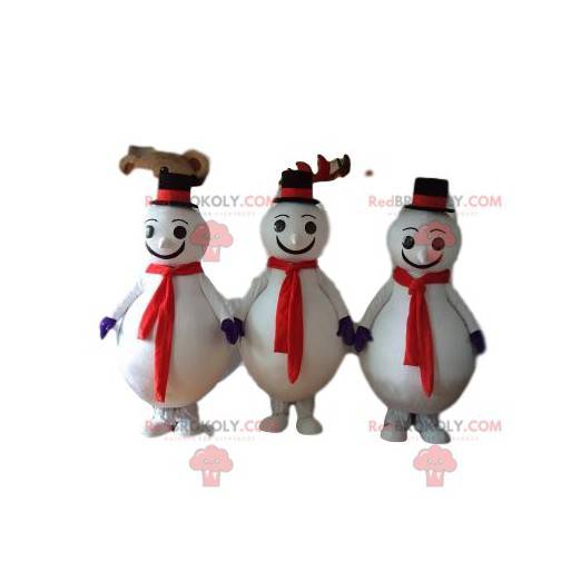 Trio de mascotte de bonhomme de neige avec un chapeau noir -