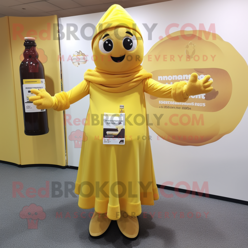 nan Bottle Of Mustard mascot costume character dressed with a Wrap Dress and Digital watches