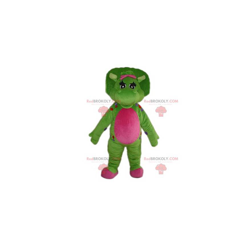 Mascotte di dinosauro molto carina verde e fucsia -