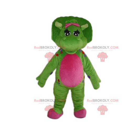 Mascote de dinossauro muito bonito verde e fúcsia -