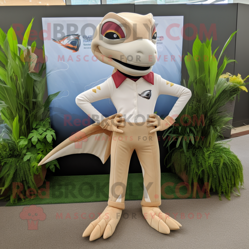 Tan Dimorphodon mascot costume character dressed with a Yoga Pants and Pocket squares