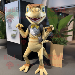 Tan Dimorphodon mascot costume character dressed with a Yoga Pants and Pocket squares