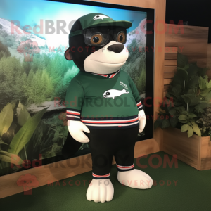 Forest Green Killer Whale mascot costume character dressed with a Rugby Shirt and Eyeglasses