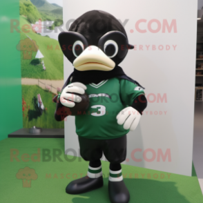 Forest Green Killer Whale mascot costume character dressed with a Rugby Shirt and Eyeglasses