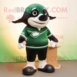 Forest Green Killer Whale mascot costume character dressed with a Rugby Shirt and Eyeglasses