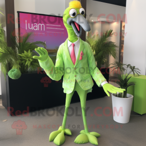 Lime Green Flamingo mascot costume character dressed with a Blazer and Ties