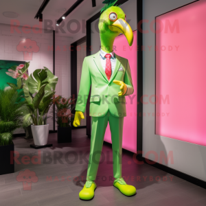 Lime Green Flamingo mascot costume character dressed with a Blazer and Ties