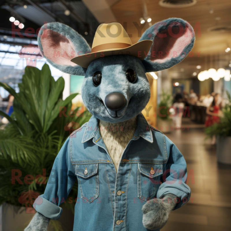 Teal Kangaroo mascot costume character dressed with a Denim Shirt and Hats Teal Kangaroo mascot costume character dressed with a Denim Shirt and Hats