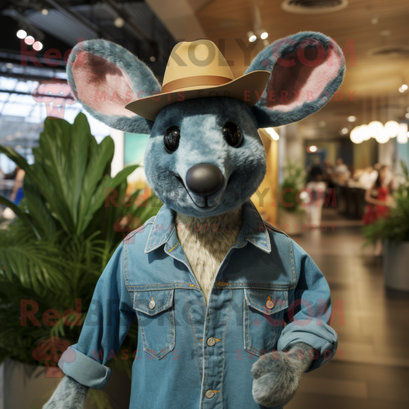 Teal Kangaroo mascot costume character dressed with a Denim Shirt and Hats