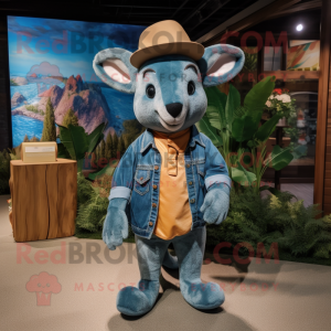 Teal Kangaroo mascot costume character dressed with a Denim Shirt and Hats