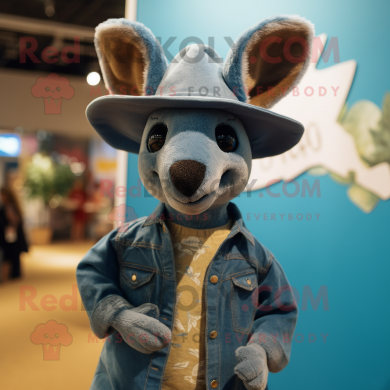 Teal Kangaroo mascot costume character dressed with a Denim Shirt and Hats