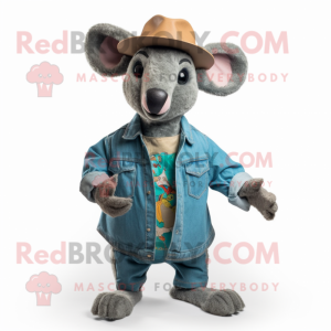 Teal Kangaroo mascot costume character dressed with a Denim Shirt and Hats