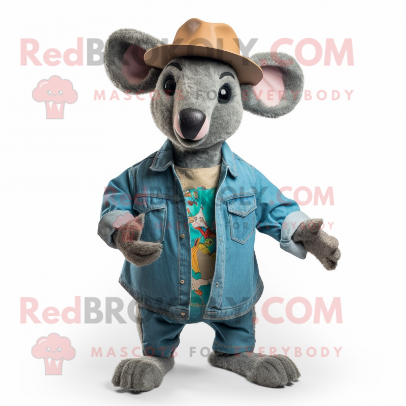 Teal Kangaroo mascot costume character dressed with a Denim Shirt and Hats