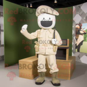 Cream Army Soldier mascot costume character dressed with a Blazer and Headbands