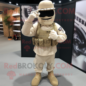 Cream Army Soldier mascot costume character dressed with a Blazer and Headbands