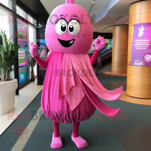 Pink Ray mascot costume character dressed with a Empire Waist Dress and Scarves