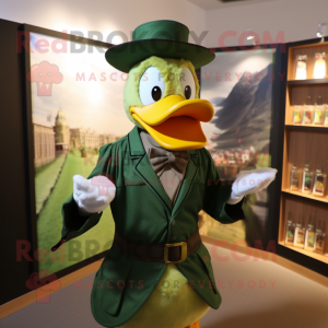 Green Duck mascot costume character dressed with a Waistcoat and Belts