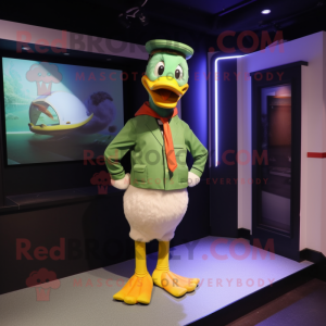 Green Duck mascot costume character dressed with a Waistcoat and Belts