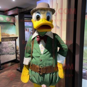 Green Duck mascot costume character dressed with a Waistcoat and Belts