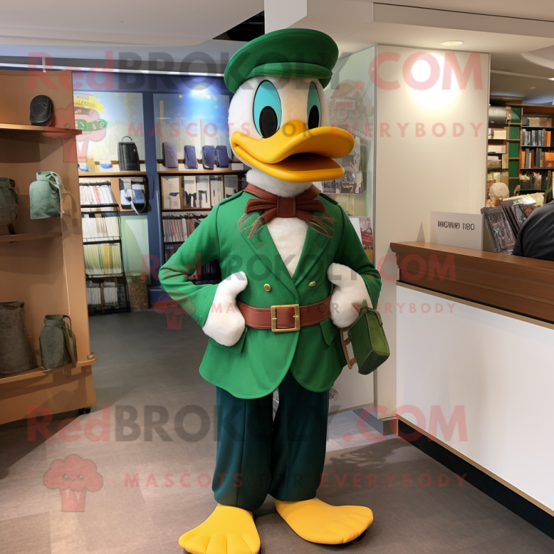 Green Duck mascot costume character dressed with a Waistcoat and Belts