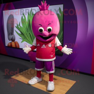 Magenta Onion mascot costume character dressed with a Polo Tee and Foot pads