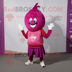 Magenta Onion mascot costume character dressed with a Polo Tee and Foot pads