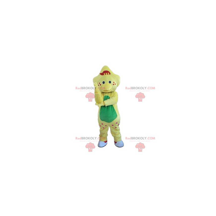 Pale yellow dinosaur mascot with small brown cheekbones -