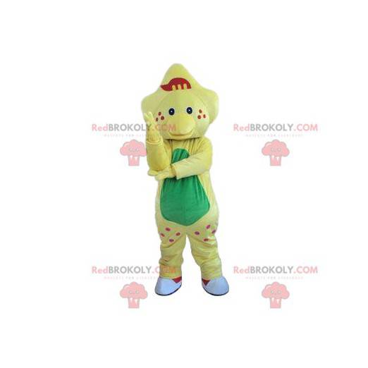 Pale yellow dinosaur mascot with small brown cheekbones -