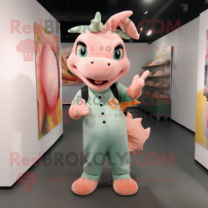 Peach Dragon mascot costume character dressed with a Overalls and Wallets