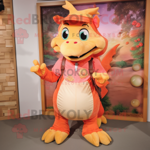 Peach Dragon mascot costume character dressed with a Overalls and Wallets