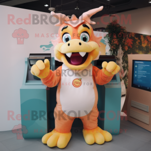 Peach Dragon mascot costume character dressed with a Overalls and Wallets