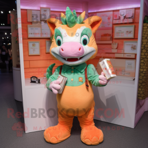 Peach Dragon mascot costume character dressed with a Overalls and Wallets