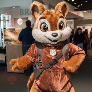 Rust Flying Squirrel mascot costume character dressed with a Mom Jeans and Belts
