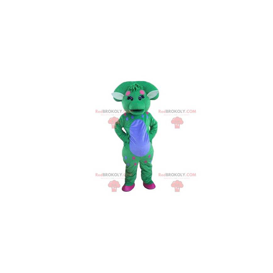 Mascote de dinossauro roxo e verde. Fantasia de Cortar L (175-180CM)