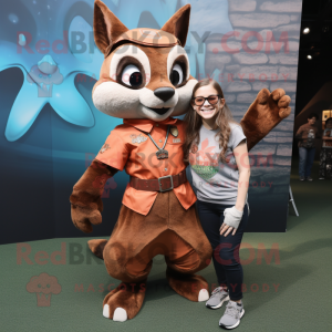 Rust Flying Squirrel mascot costume character dressed with a Mom Jeans and Belts