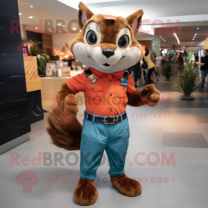 Rust Flying Squirrel mascot costume character dressed with a Mom Jeans and Belts