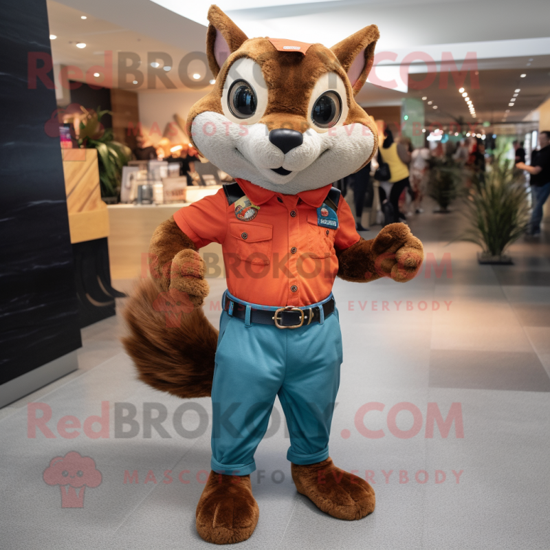 Rust Flying Squirrel mascot costume character dressed with a Mom Jeans and Belts Rust Flying Squirrel mascot costume character dressed with a Mom Jeans and Belts