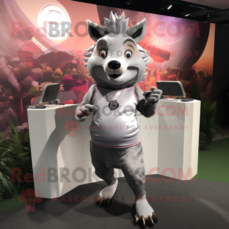 Silver Wild Boar mascot costume character dressed with a Yoga Pants and Tie pins Silver Wild Boar mascot costume character dressed with a Yoga Pants and Tie pins