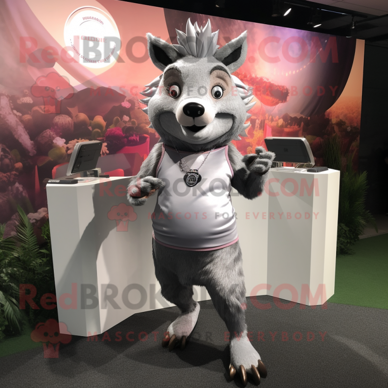 Silver Wild Boar mascot costume character dressed with a Yoga Pants and Tie pins