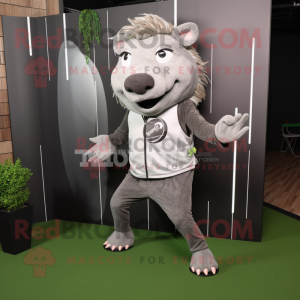 Silver Wild Boar mascot costume character dressed with a Yoga Pants and Tie pins