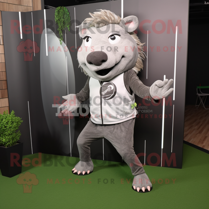 Silver Wild Boar mascot costume character dressed with a Yoga Pants and Tie pins Silver Wild Boar mascot costume character dressed with a Yoga Pants and Tie pins