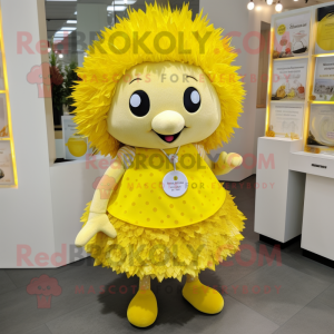 Lemon Yellow Hedgehog mascot costume character dressed with a Shift Dress and Brooches