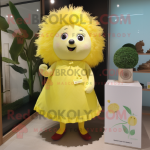 Lemon Yellow Hedgehog mascot costume character dressed with a Shift Dress and Brooches