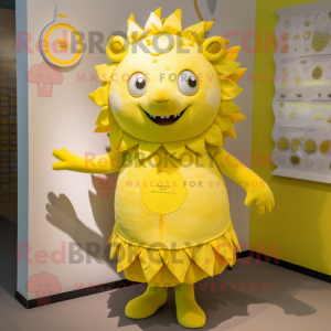 Lemon Yellow Hedgehog mascot costume character dressed with a Shift Dress and Brooches