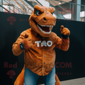 Rust Tyrannosaurus mascot costume character dressed with a Boyfriend Jeans and Smartwatches